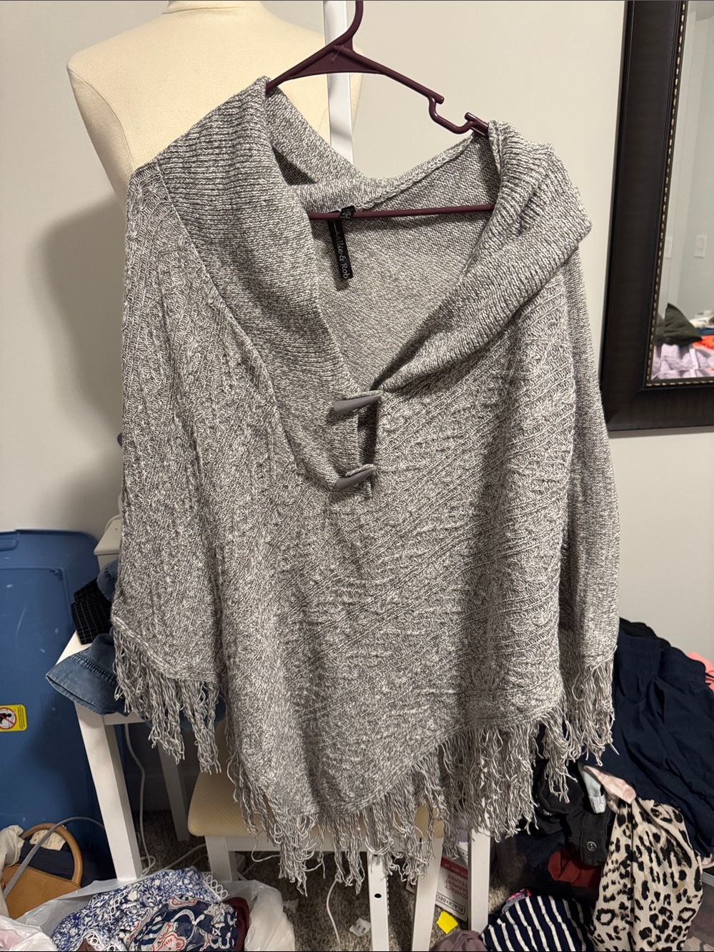 Allie & Rob Light Gray Fringe Toggle Poncho Sweater